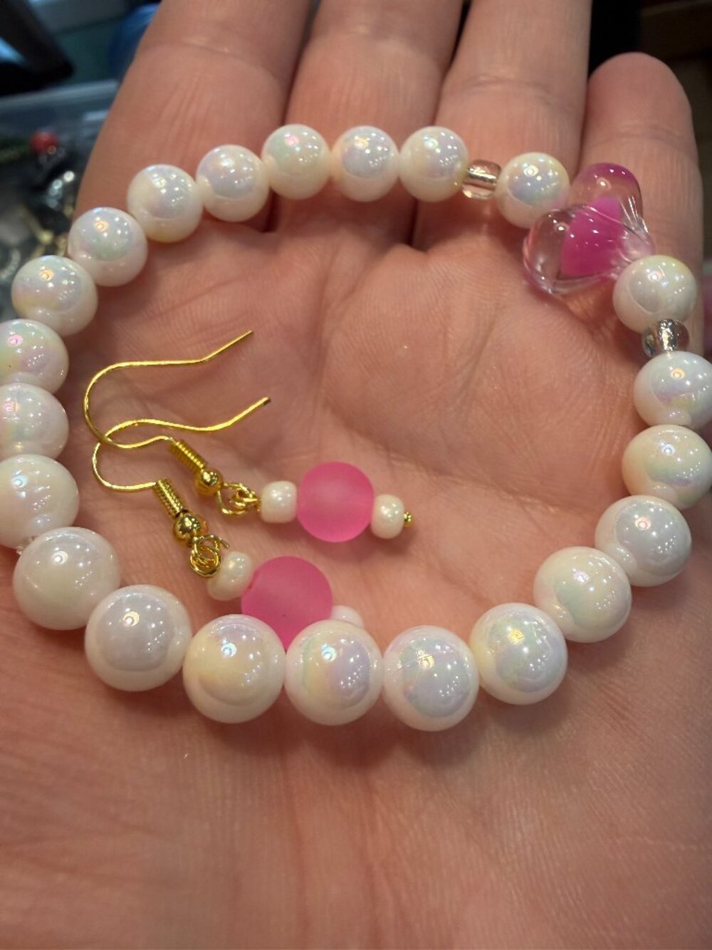 💖 Luminous Pink Heart Glass Pearl Bracelet & Frosted Drop Earring Set